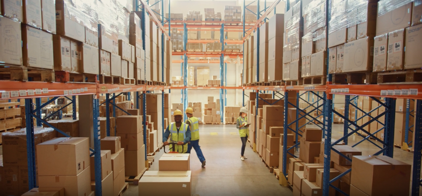 Warehouse workers managing inventory among stacked pallets and boxes