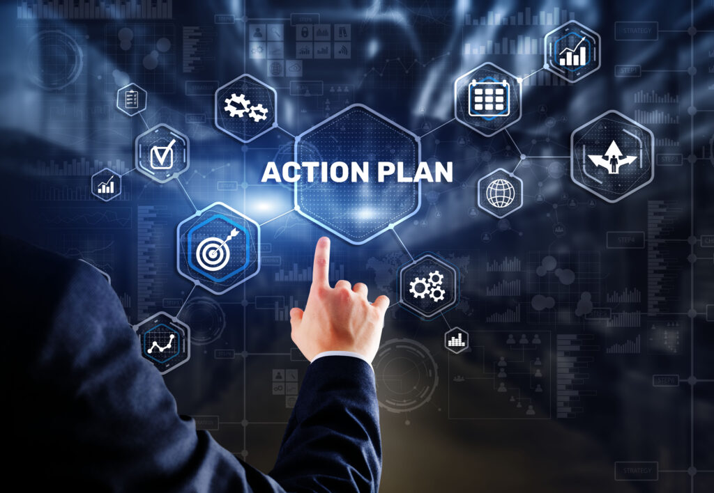 Person activating a digital interface with icons for strategy, planning, and performance tracking