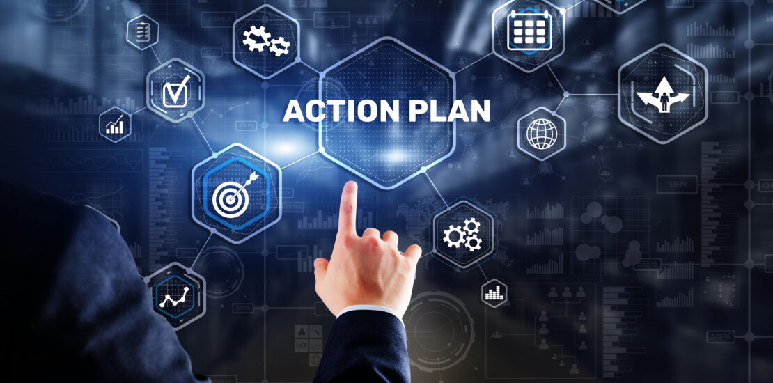 Person activating a digital interface with icons for strategy, planning, and performance tracking