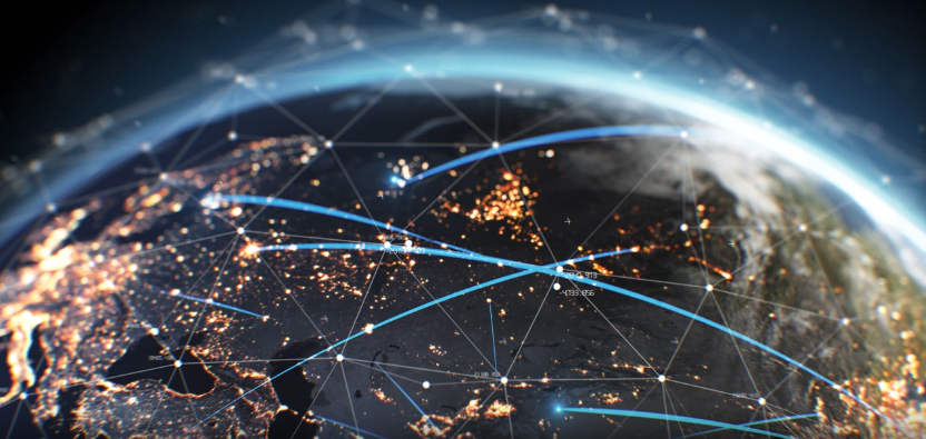 Global network connections illustrated across a digital Earth view