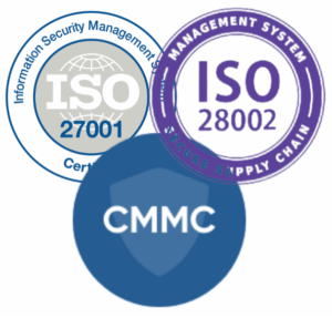 ISO 27001, ISO 28002, and CMMC certification logos
