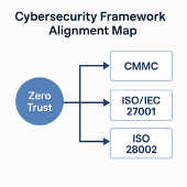 Diagram showing the alignment of Zero Trust architecture with cybersecurity standards CMMC, ISO/IEC 27001, and ISO 28002