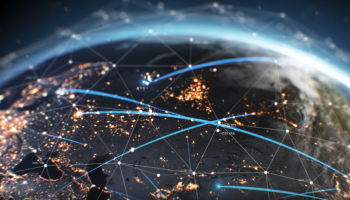 Global network connections illustrated across a digital Earth view