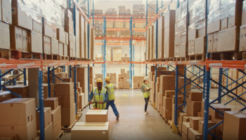 Warehouse workers managing inventory among stacked pallets and boxes