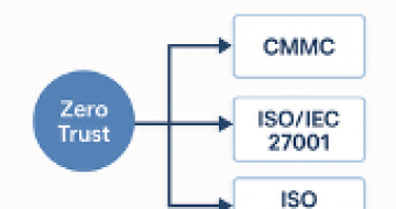Diagram showing the alignment of Zero Trust architecture with cybersecurity standards CMMC, ISO/IEC 27001, and ISO 28002